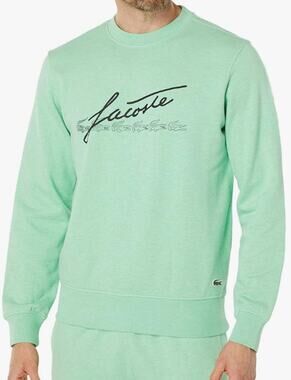 Lacoste Mens Long Sleeve Script Crewneck Sweatshirt, Heather Clover, Large
